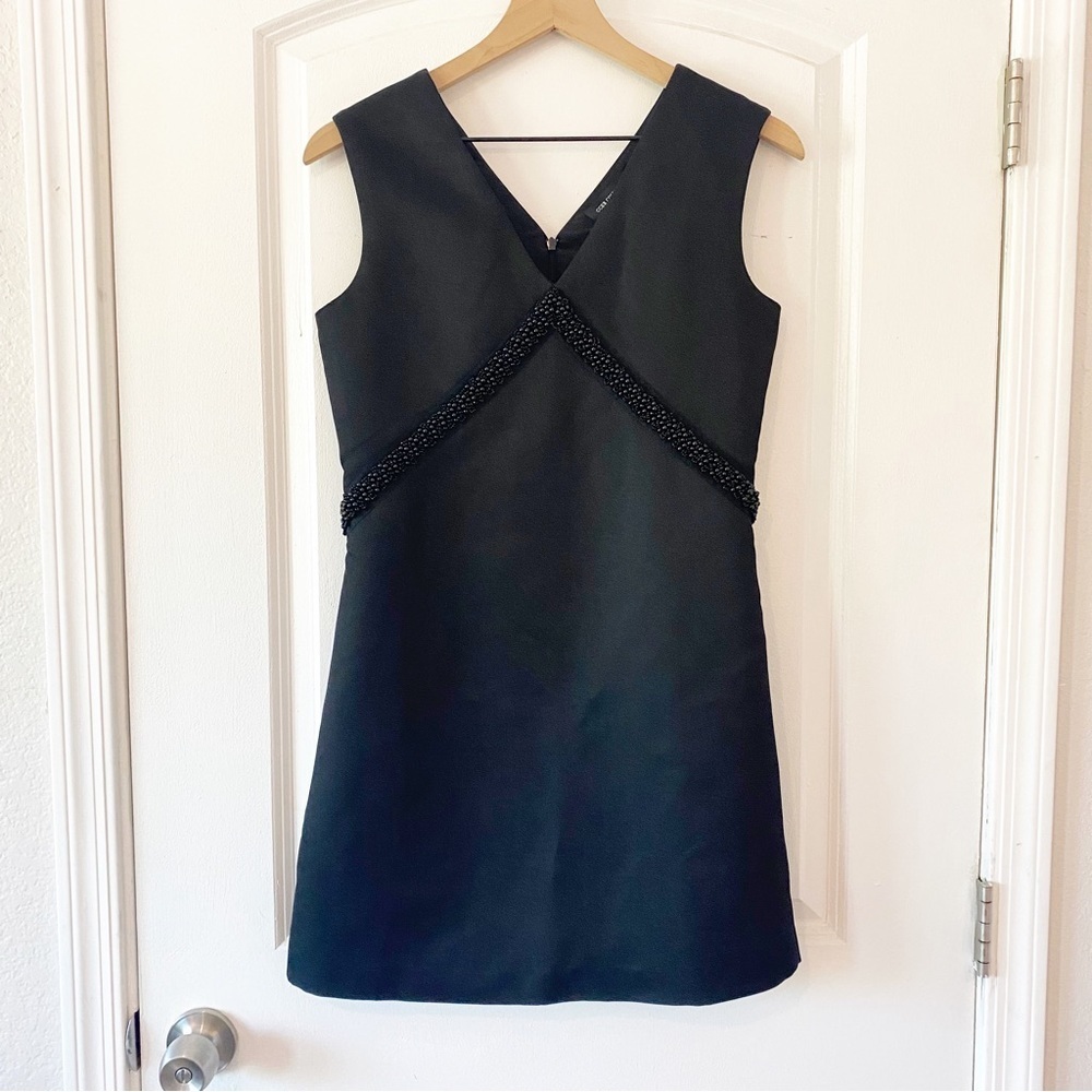 Classic Black V-Neck Mini Dress with Beaded Waist